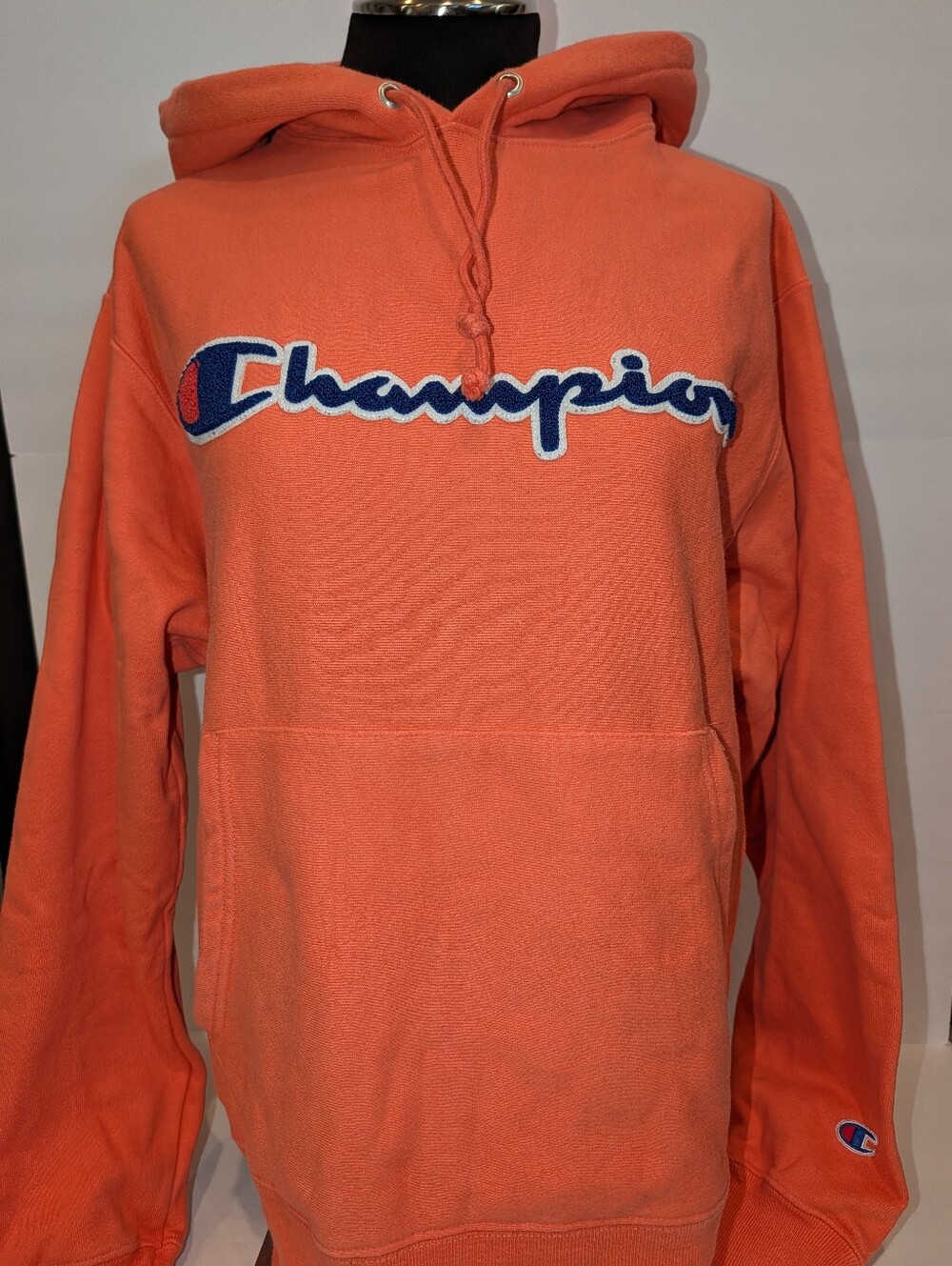 Champion Logo Script Reverse Weave Hoodie Sweatshirt, Orange, Size Medium